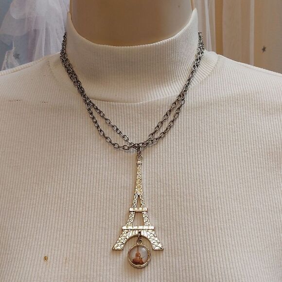 🔴 Paris Eiffel Tower Pendant Silver Tone Long Necklace - Picture 5 of 6